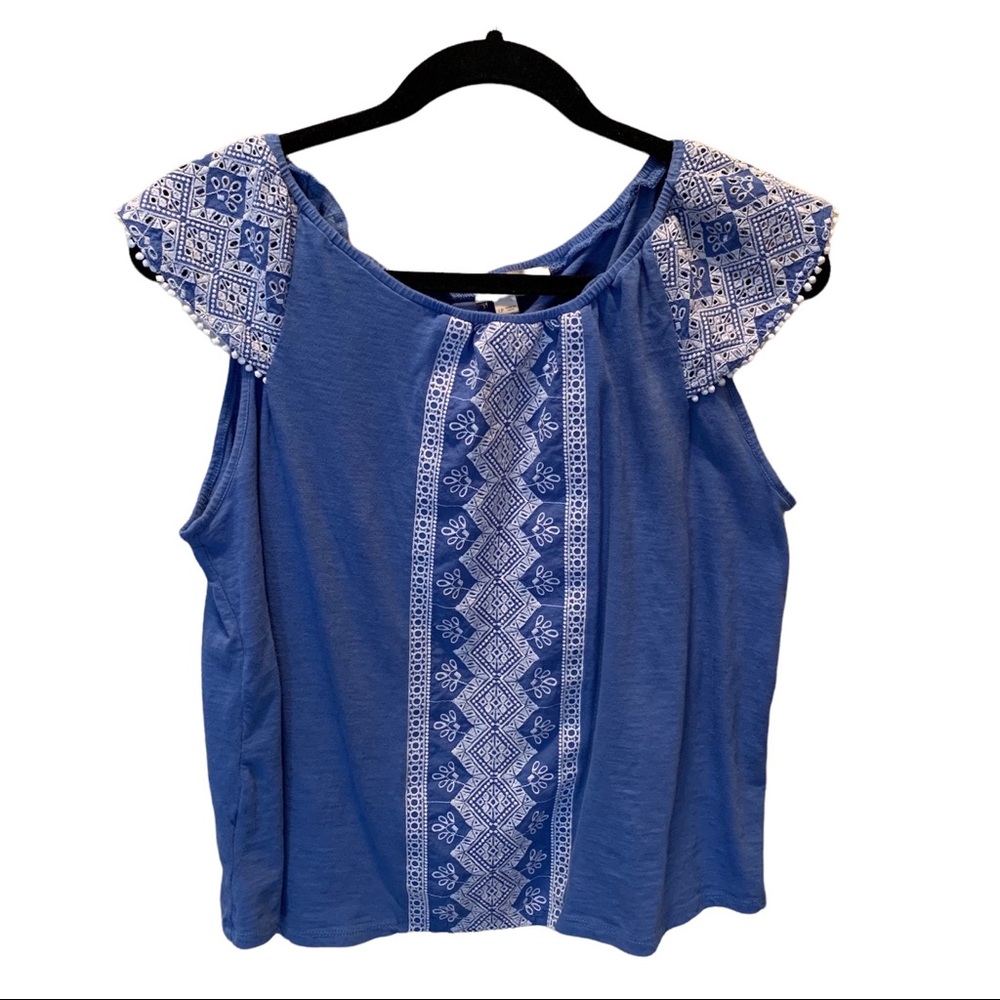 LOFT Petite Eyelet Embroidered Boho Cropped Blue Top - Picture 1 of 6